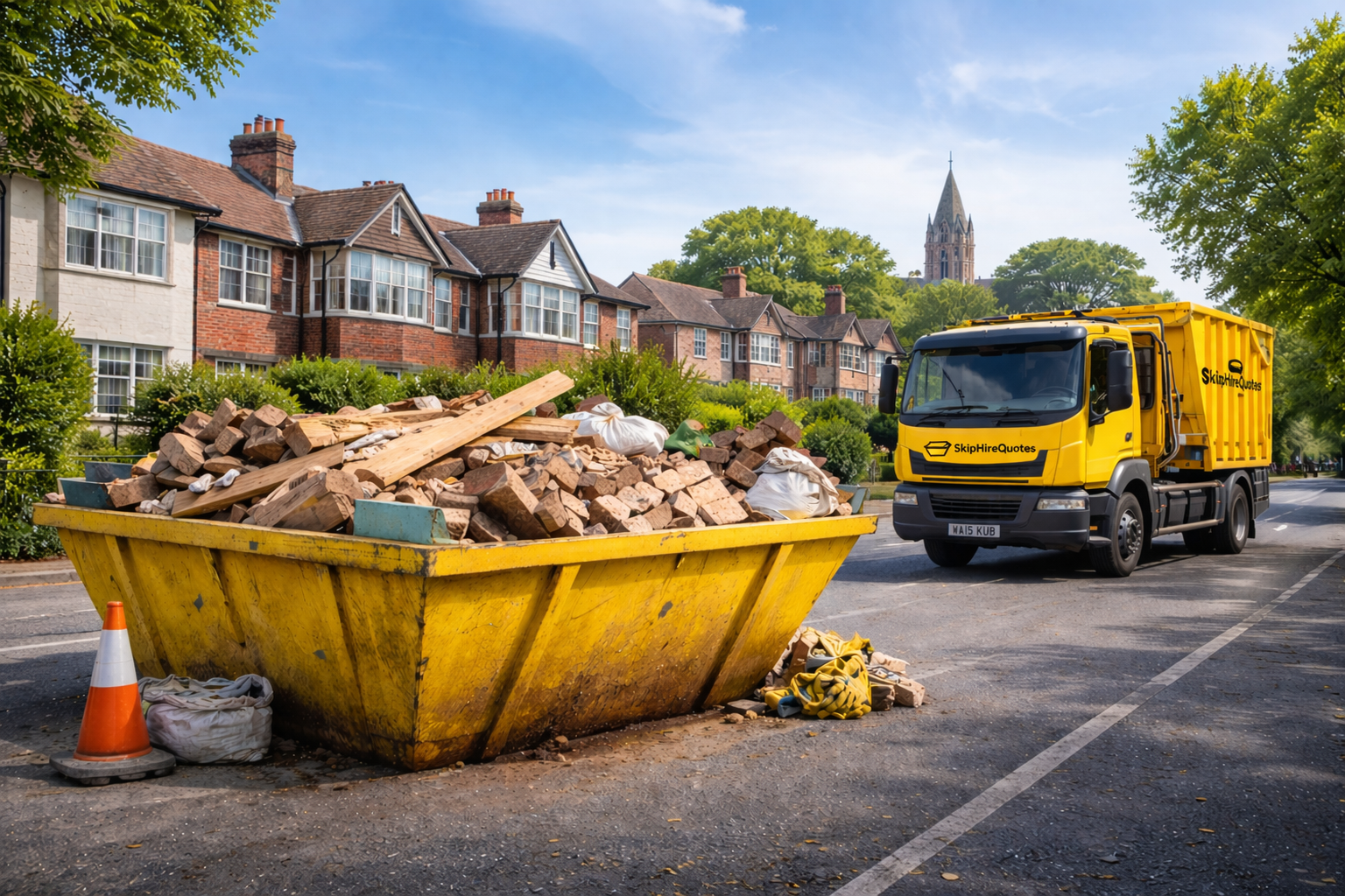 Yellow skip and waste collection truck providing residential skip hire and rubbish removal services in Essex