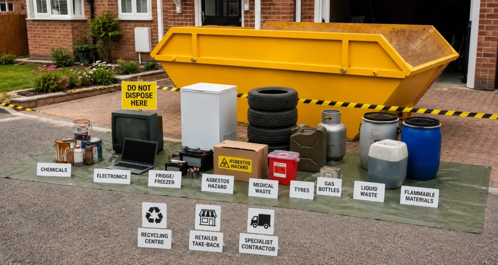Yellow skip with hazardous waste items including chemicals, tyres, gas bottles and electronics outside a UK home.